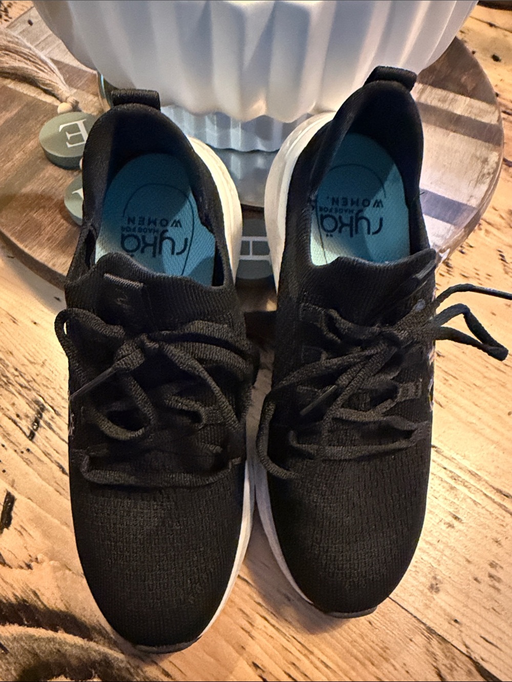 Ryka Black Knit Lace-Up Athletic Sneakers with White Sole and Blue Insole